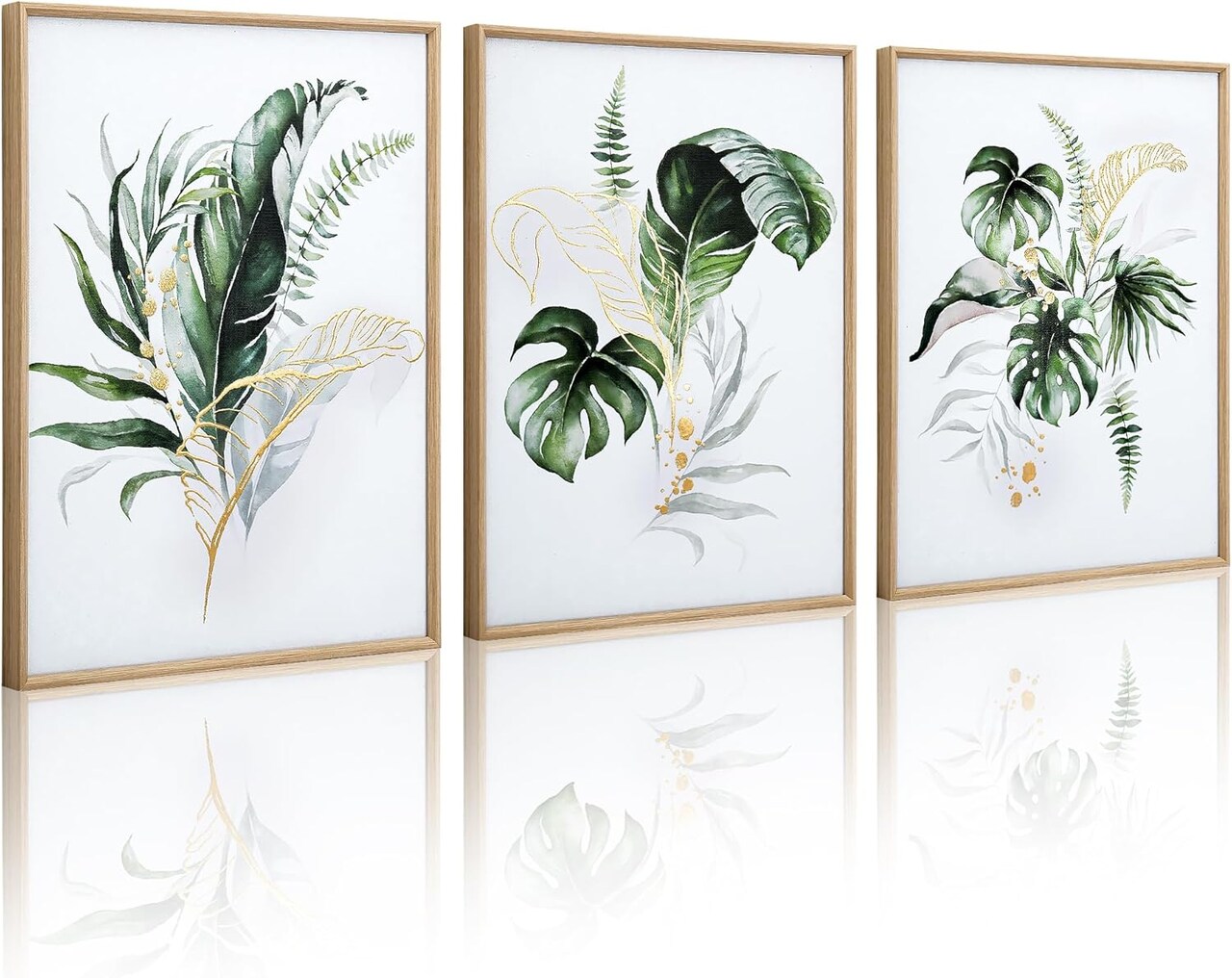 Botanical Canvas Paintings Wall Decor with Green and Gold Glided Textured Modern Nature Pictures Plant Prints